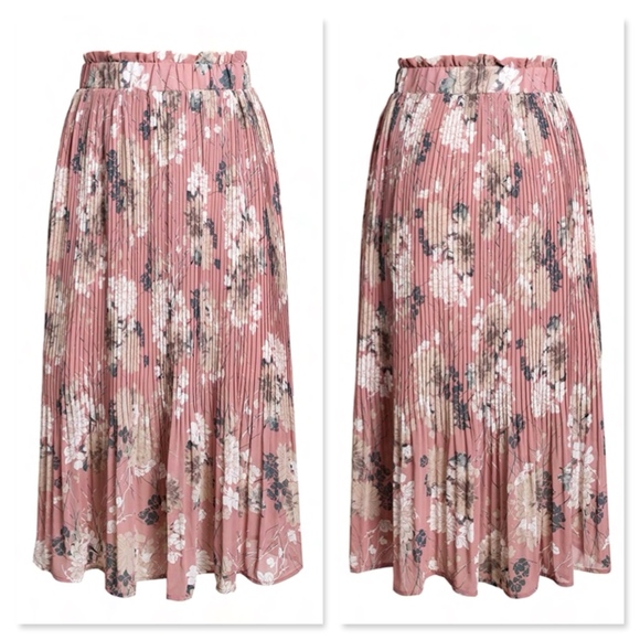 Pleated Floral Print High Waist Midi Pink Skirt - Picture 5 of 8